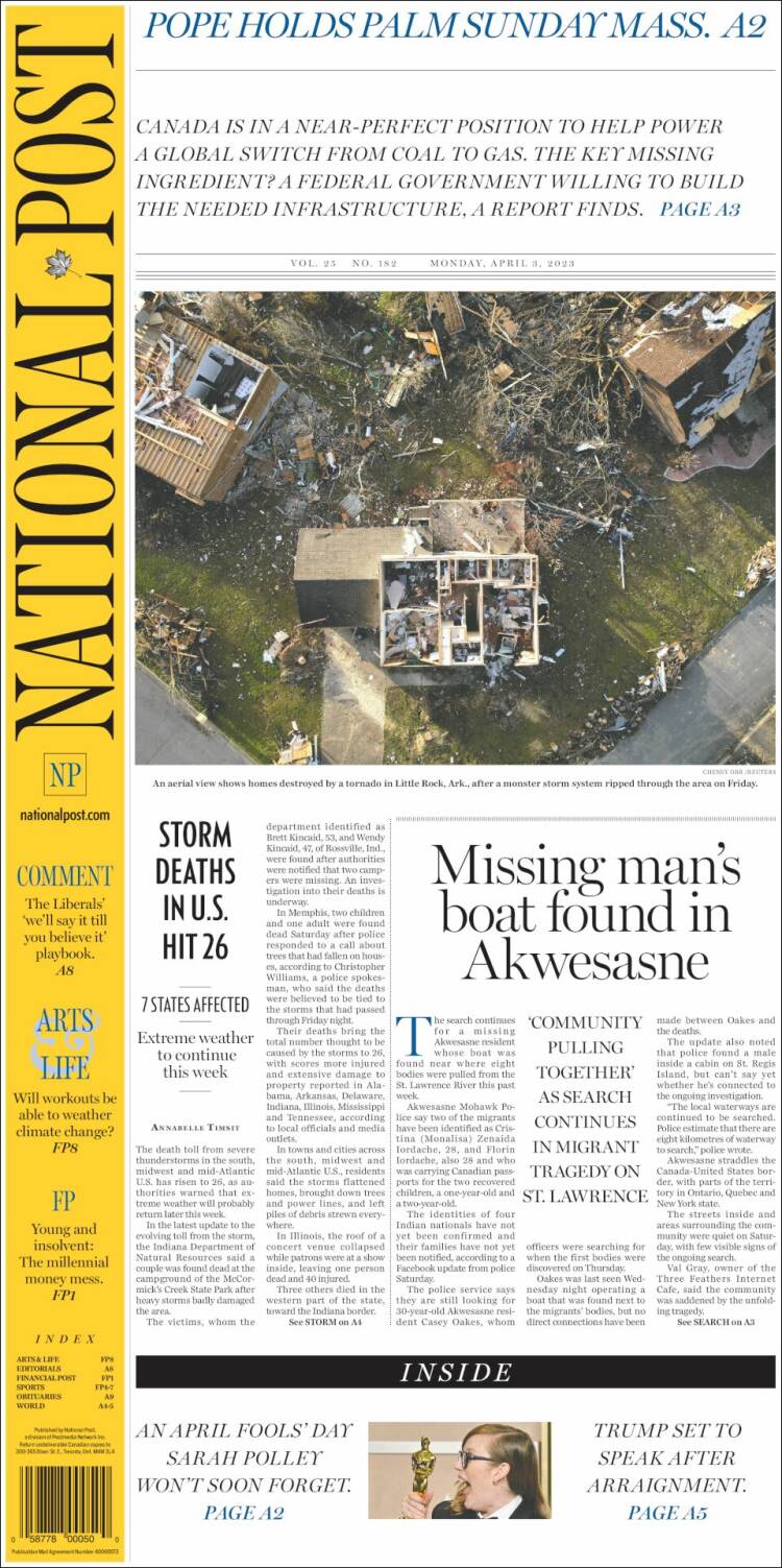 Portada de The National Post (Canadá)