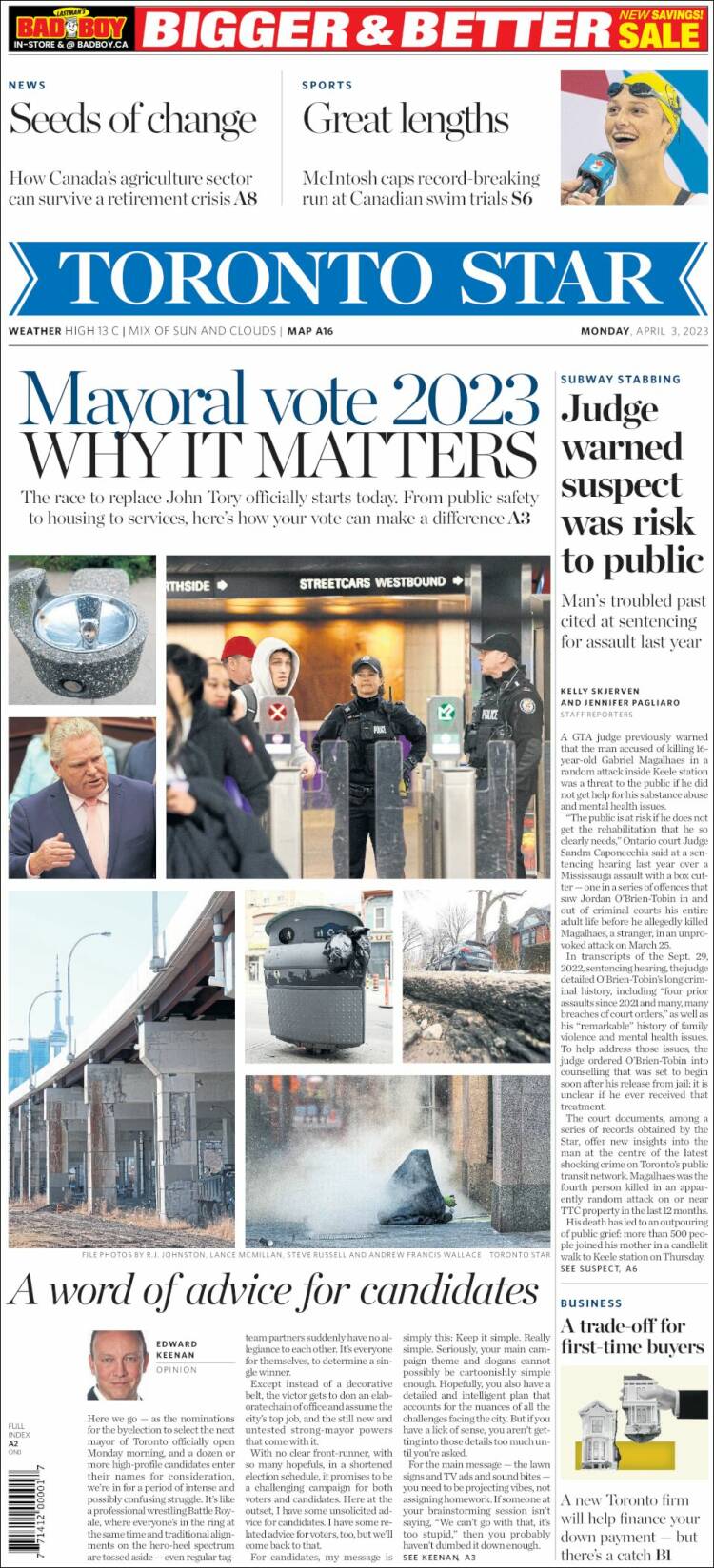 Portada de The Toronto Star (Canadá)