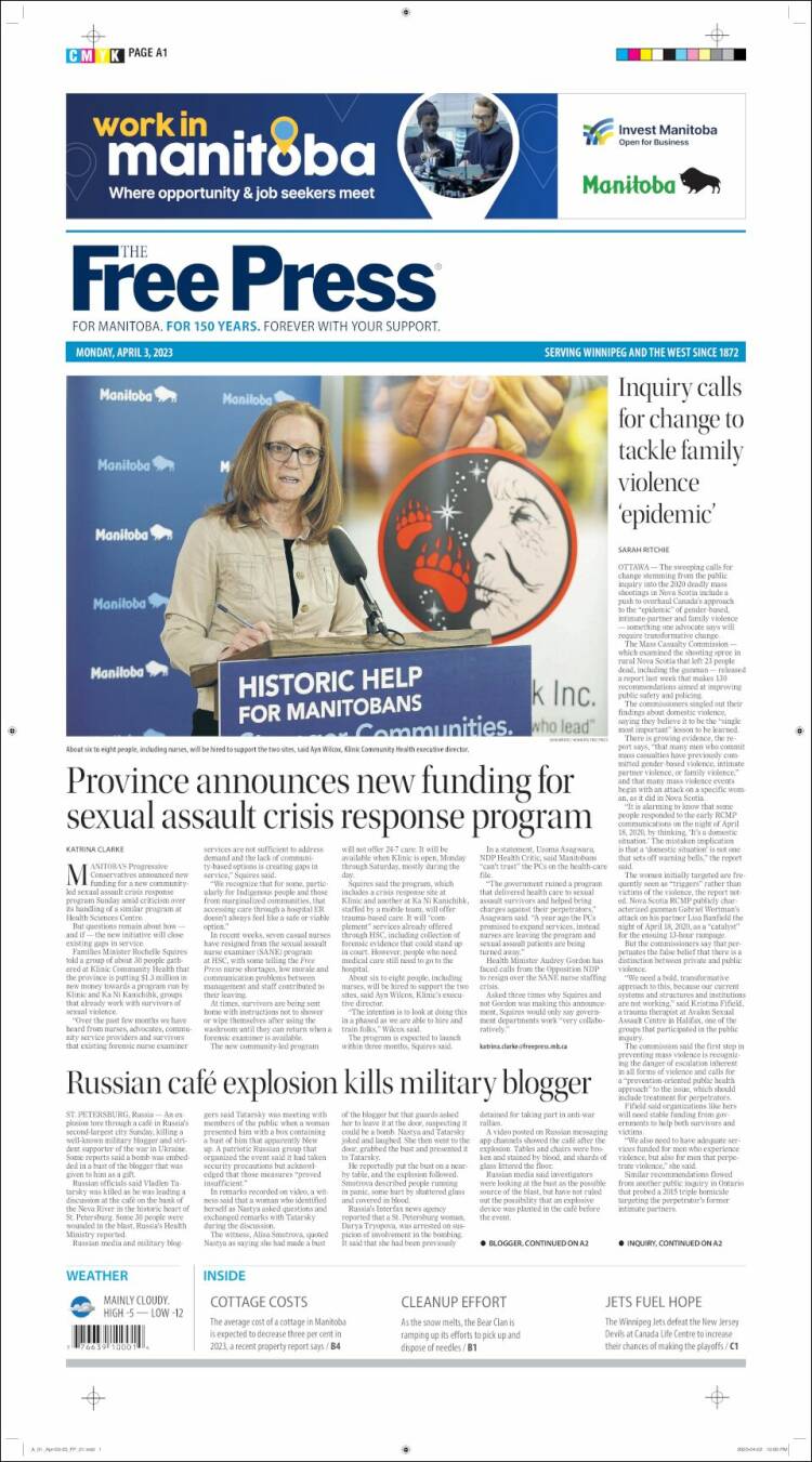 Portada de Winnipeg Free Press (Canadá)