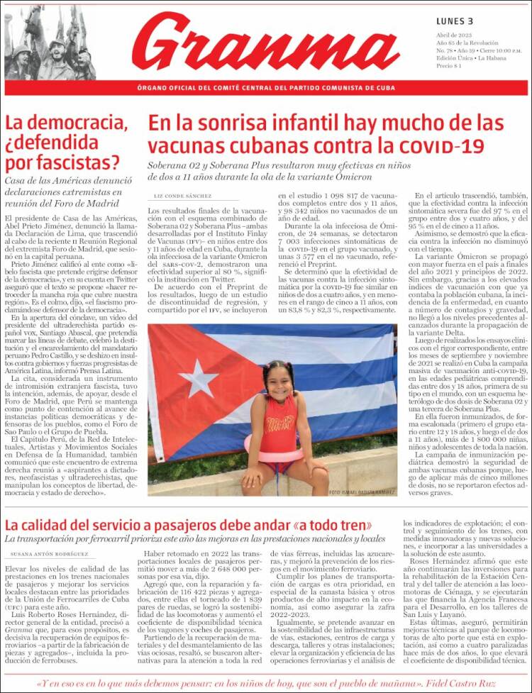 Portada de Granma (Cuba)