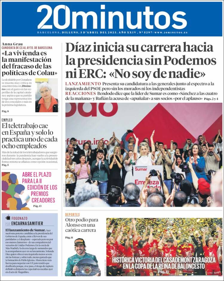 Portada de 20 Minutos - Barcelona (España)