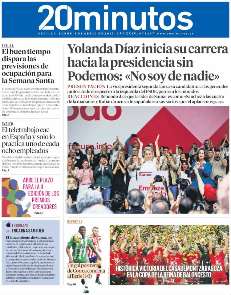 Portada de 20 Minutos - Sevilla (España)