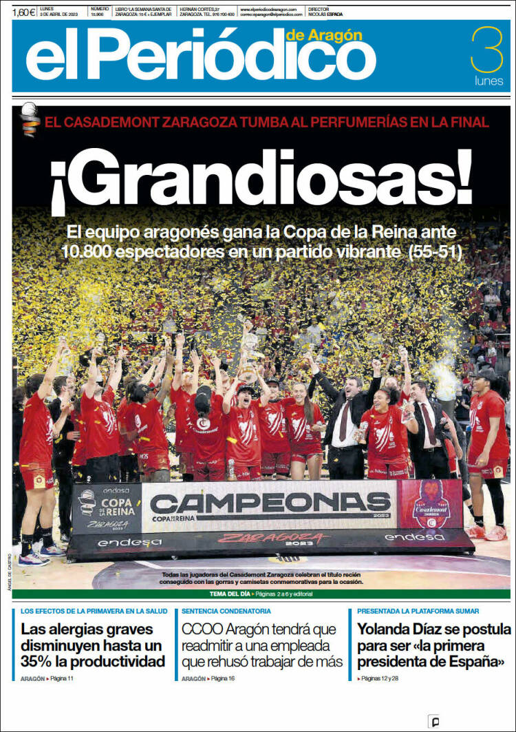 Portada de El Periódico de Aragón (España)