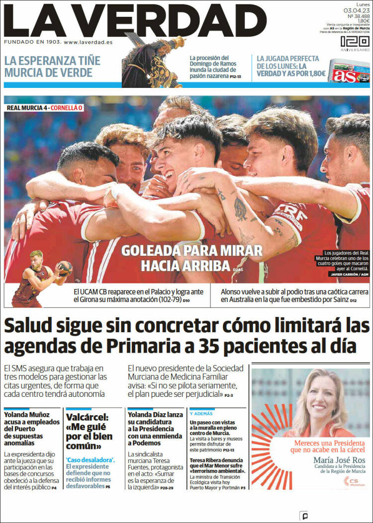 Portada de La Verdad de Murcia (España)