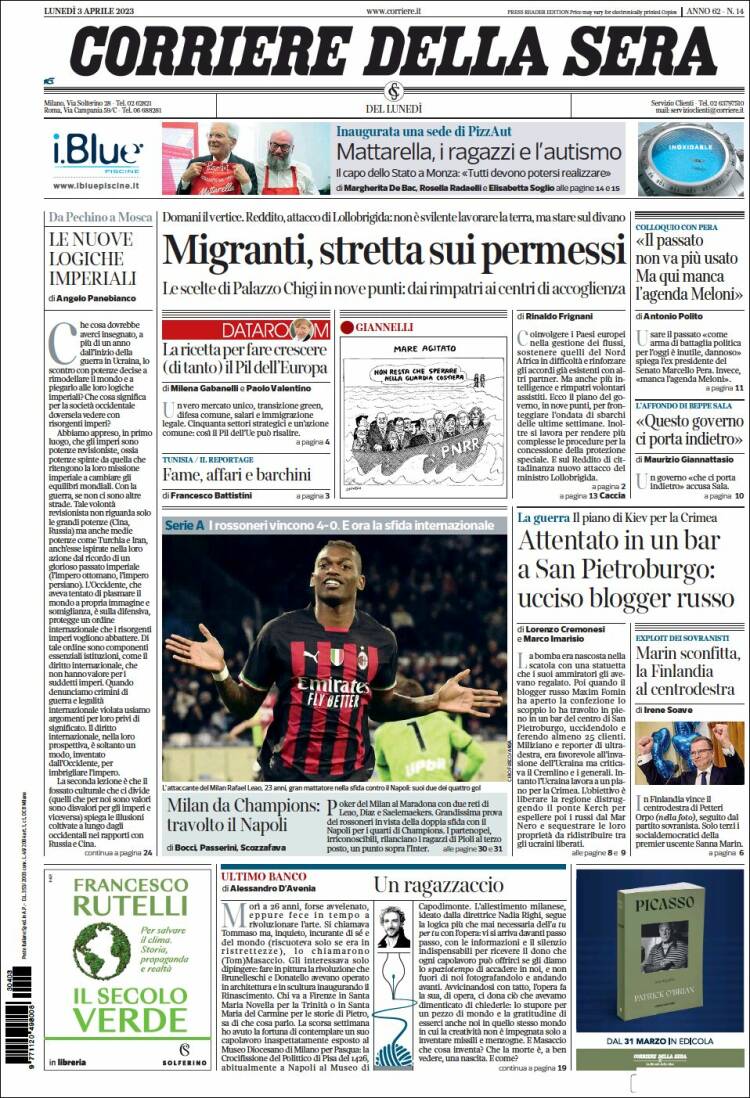Portada de Corriere della Sera (Italia)