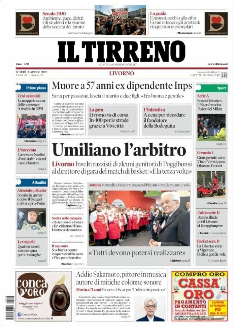 Portada de Il Tirreno (Italia)