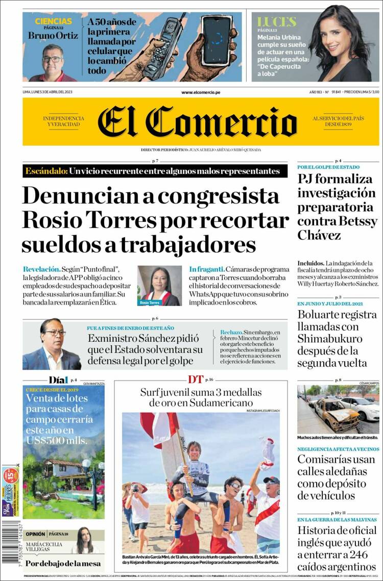 Portada de El Comercio (Per&uacute;)