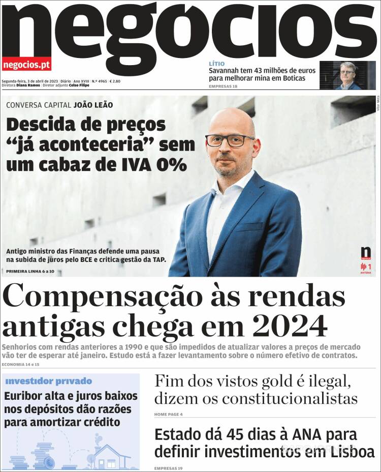 Portada de Jornal de Negócios (Portugal)