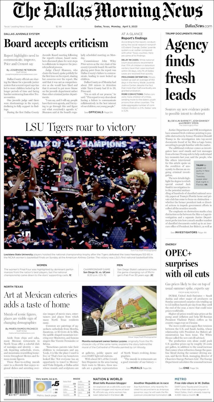 Portada de Dallas Morning News (USA)