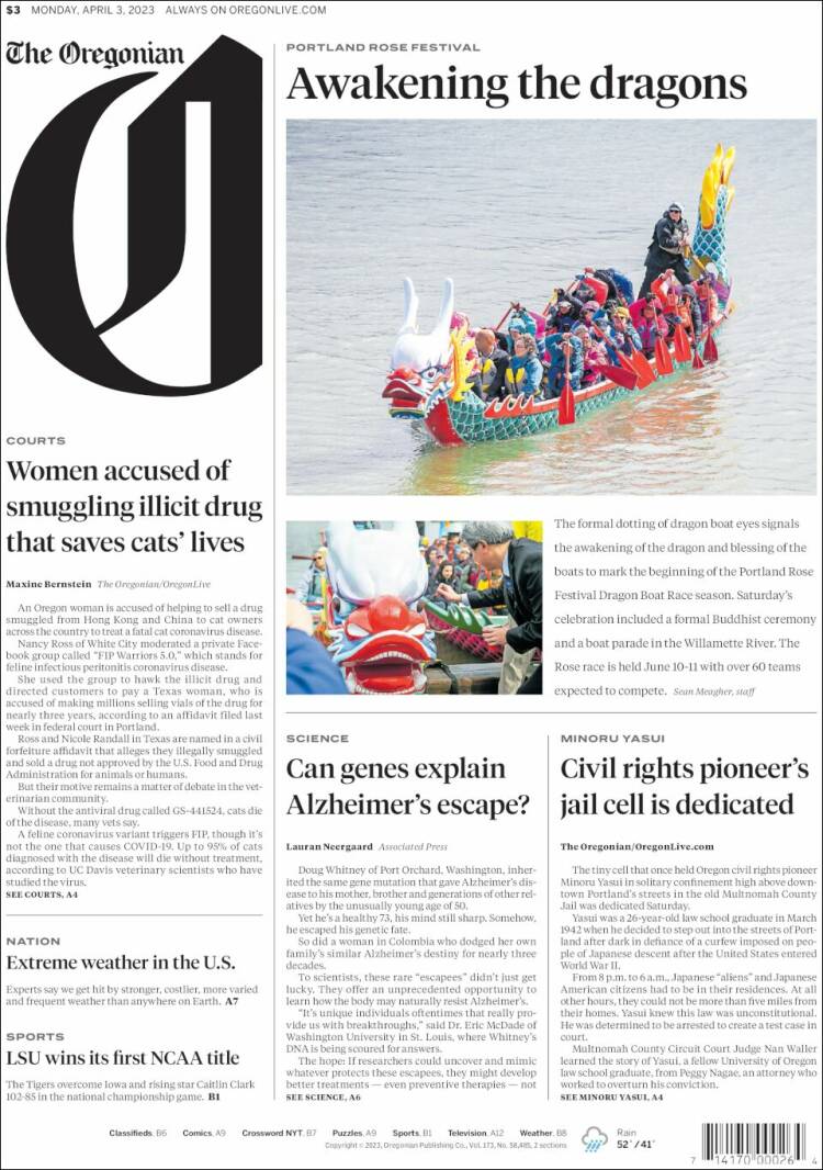 Portada de The Oregonian (USA)