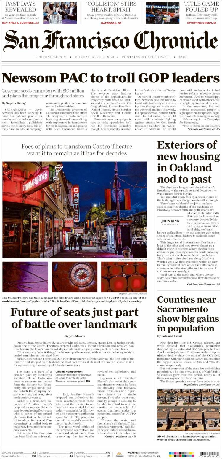 Portada de San Francisco Chronicle (USA)