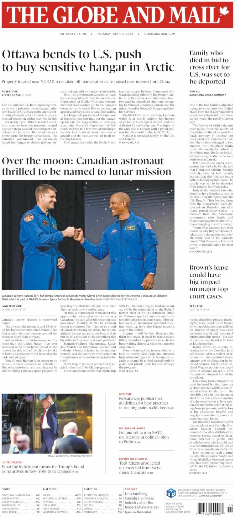 Portada de The Globe and Mail (Canadá)