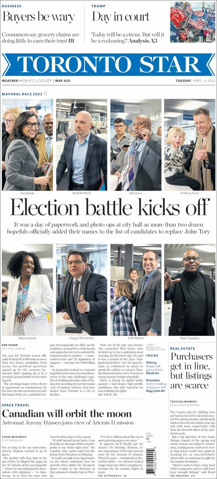 Portada de The Toronto Star (Canadá)