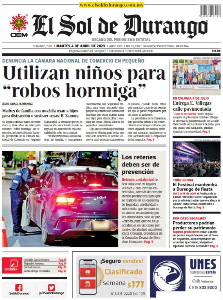 Portada de El Sol de Durango (M&eacute;xico)