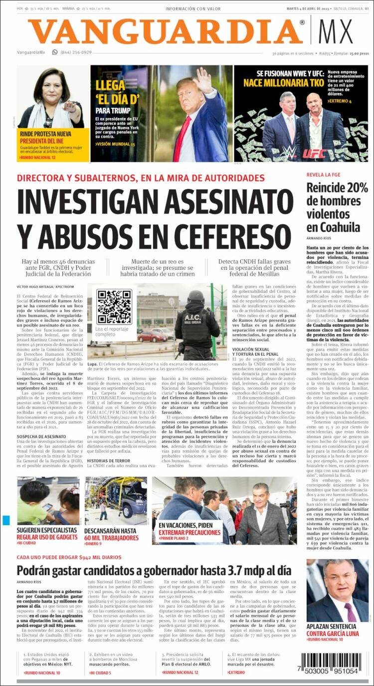 Portada de Vanguardia (M&eacute;xico)