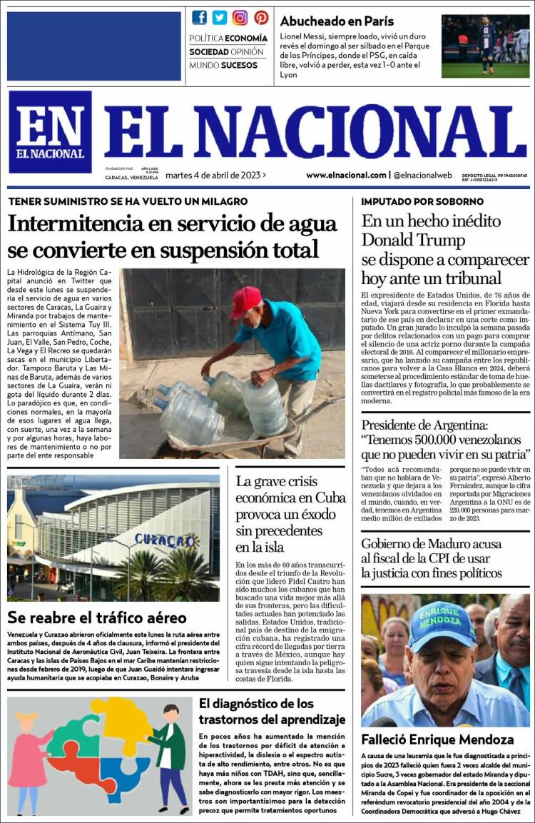 Portada de El Nacional (Venezuela)