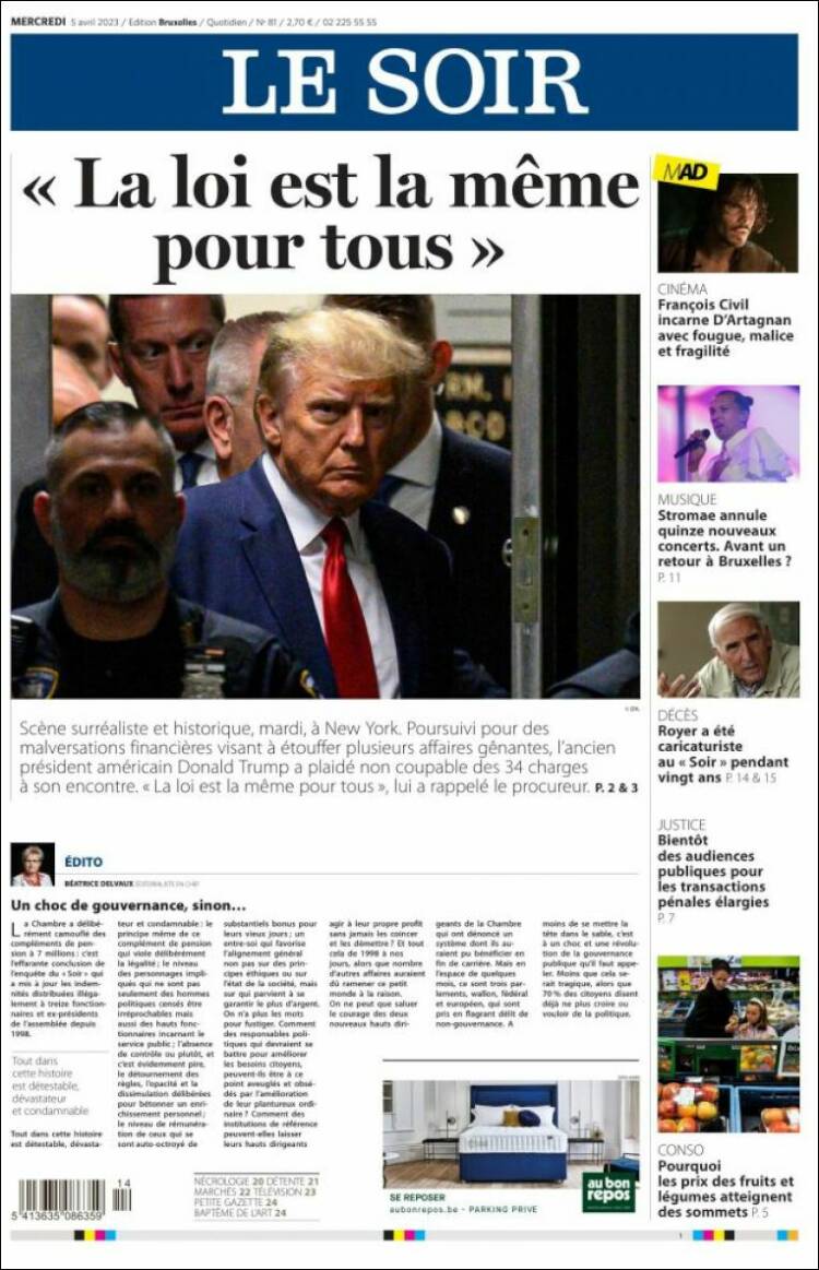 Portada de Le Soir (B&eacute;lgica)