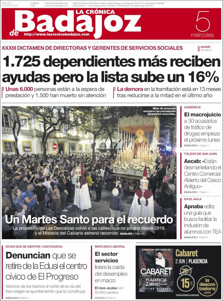Portada de La Crónica de Badajoz (España)