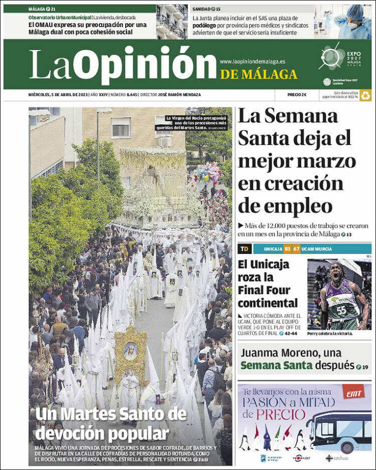 Portada de La Opinión de Málaga (España)