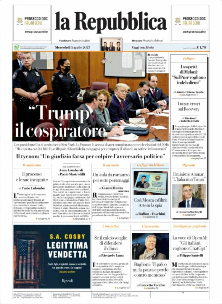 Portada de La Repubblica (Italia)