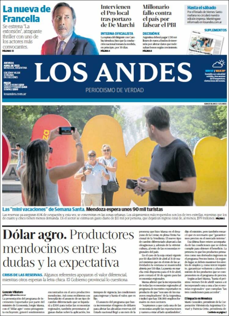 Portada de Los Andes - Mendoza (Argentina)