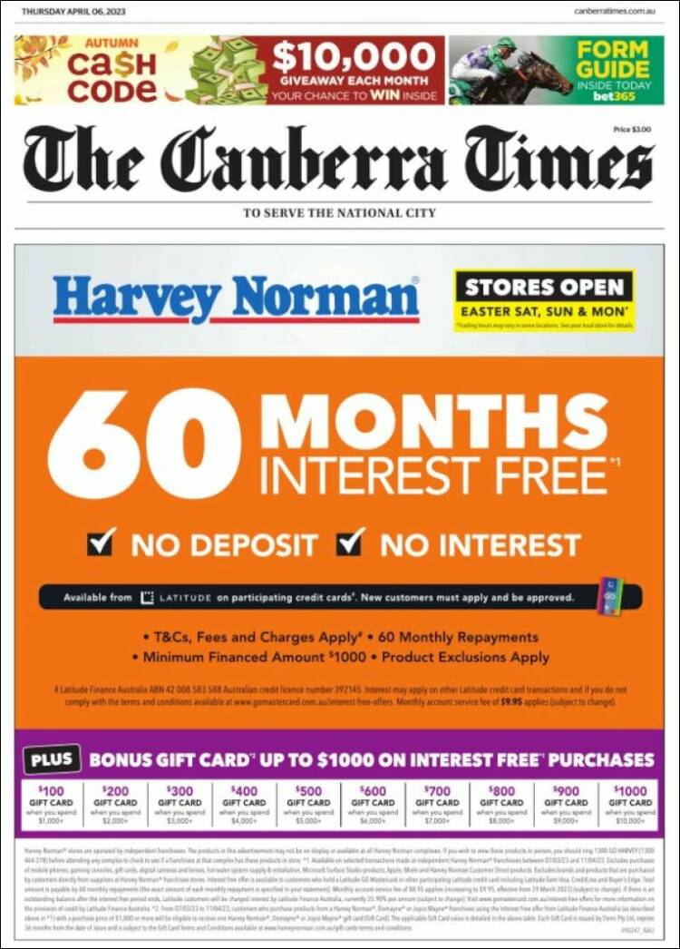 Portada de The Canberra Times (Australia)