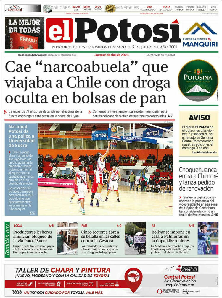 Portada de Diario de Potosí (Bolivia)