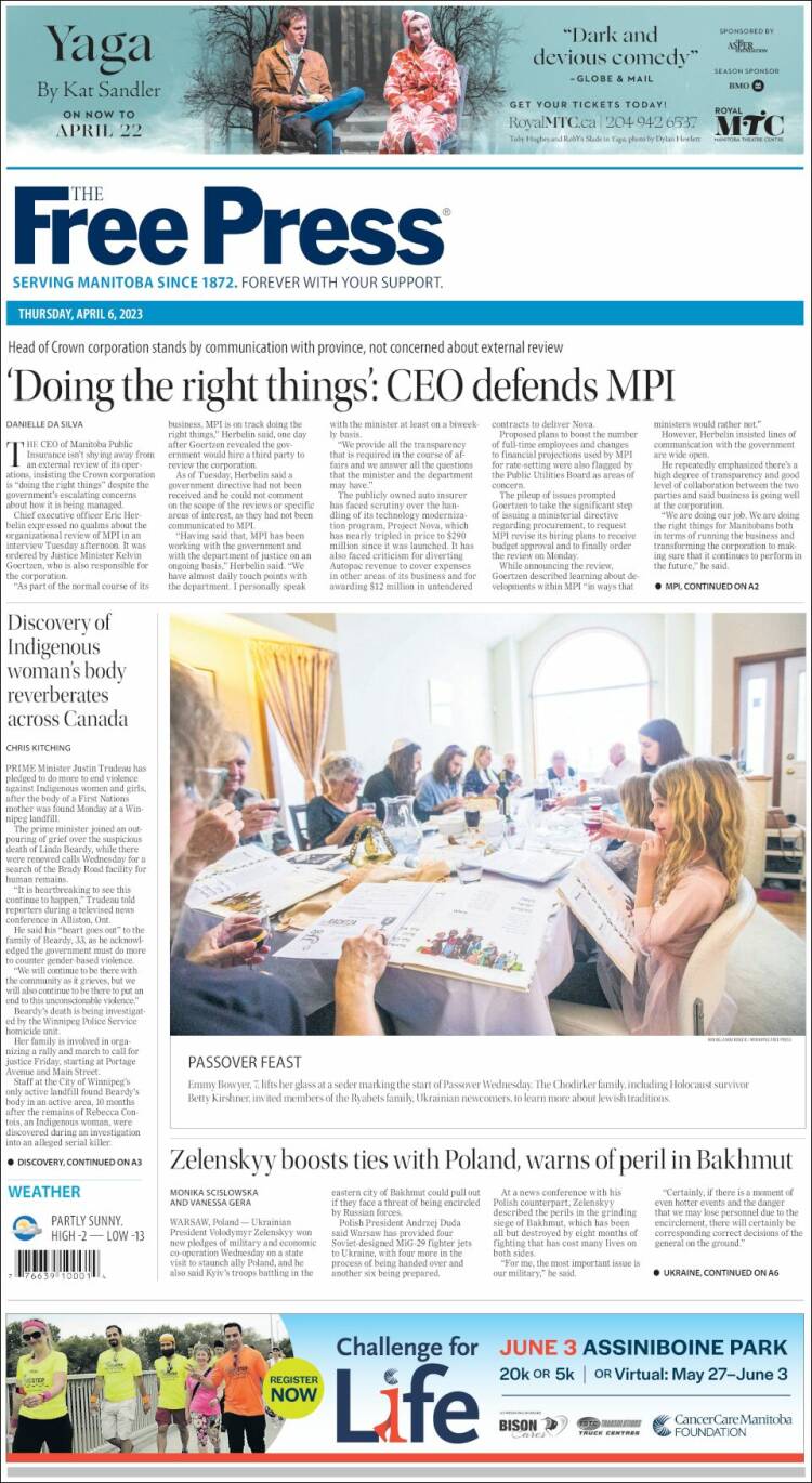 Portada de Winnipeg Free Press (Canada)