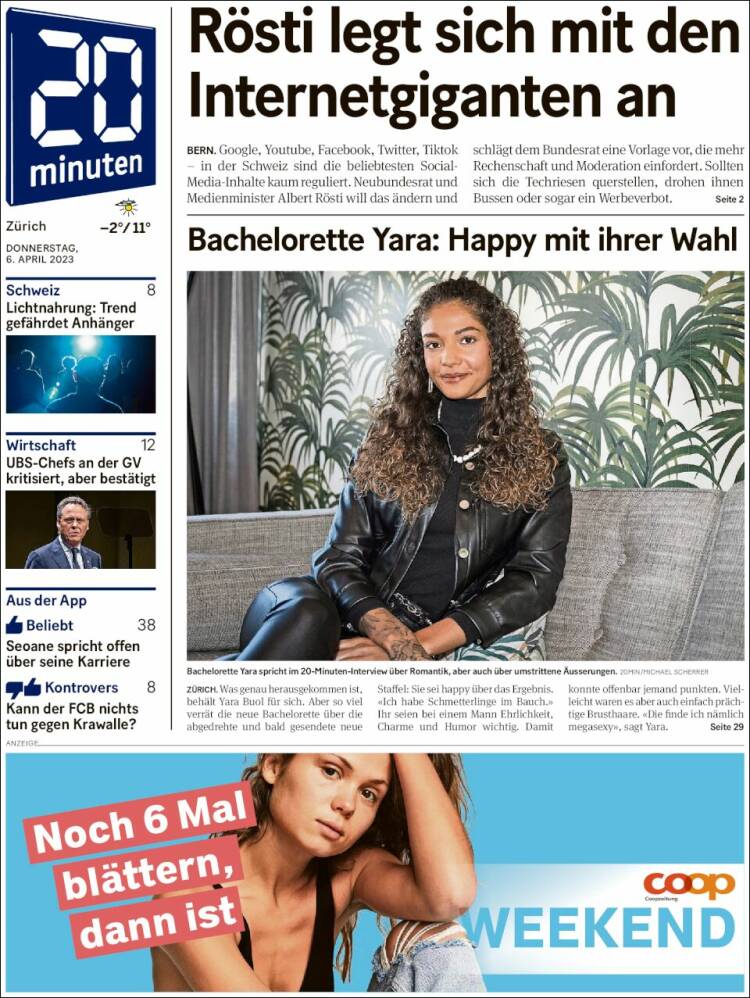 Portada de 20Minuten - Zürich (Suiza)