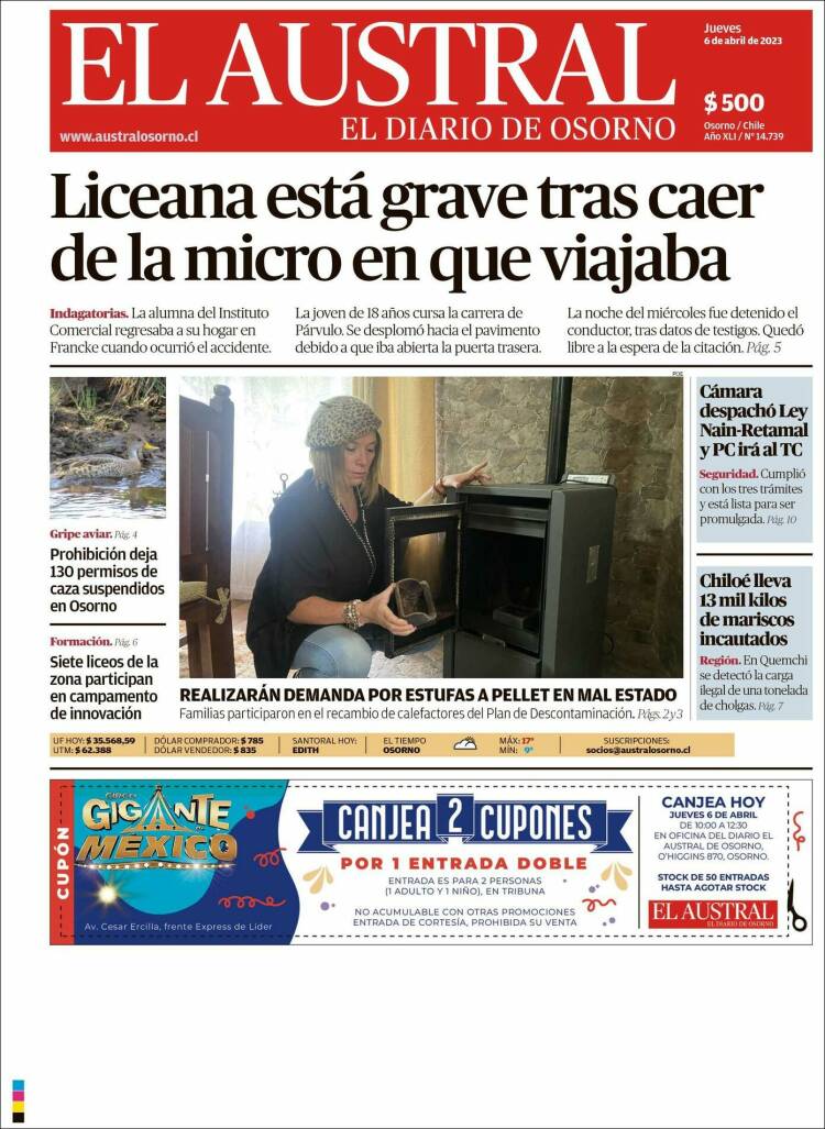 Portada de El Austral de Osorno (Chile)