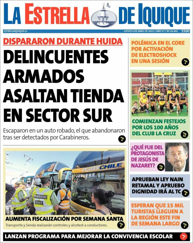Portada de La Estrella de Iquique (Chile)