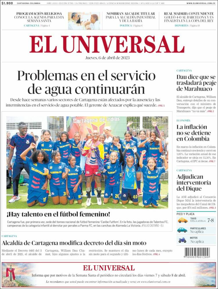 Portada de El Universal (Colombia)