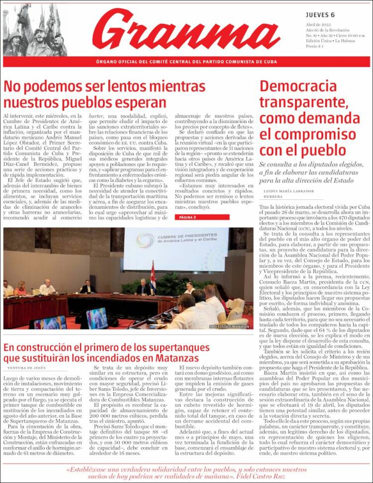 Portada de Granma (Cuba)
