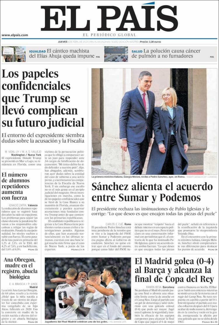 Portada de El País (España)