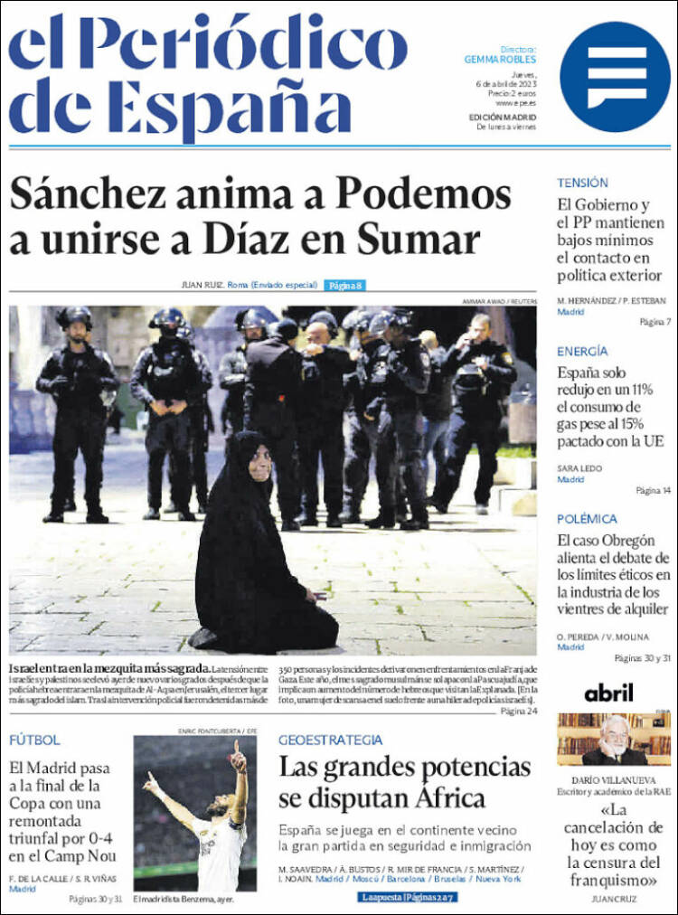 Portada de El Periódico de España (España)
