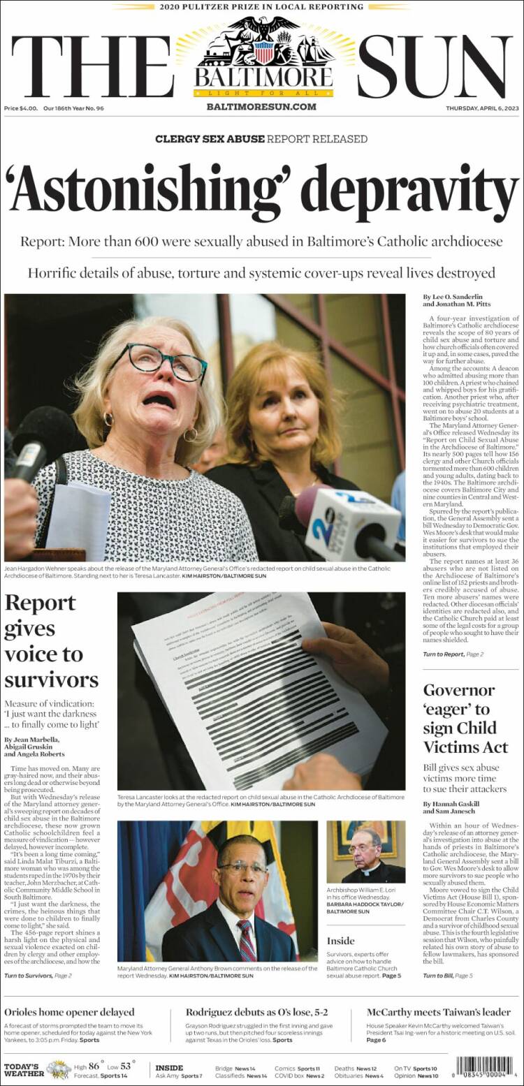 Portada de The Baltimore Sun (États-Unis)