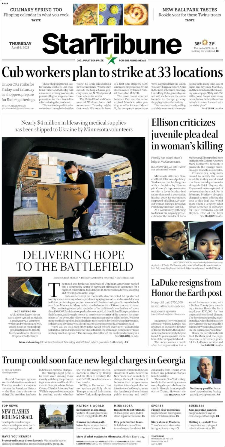 Portada de Star Tribune (États-Unis)