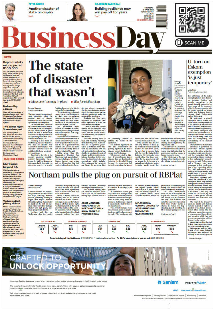 Portada de Business Day (Sud&aacute;frica)
