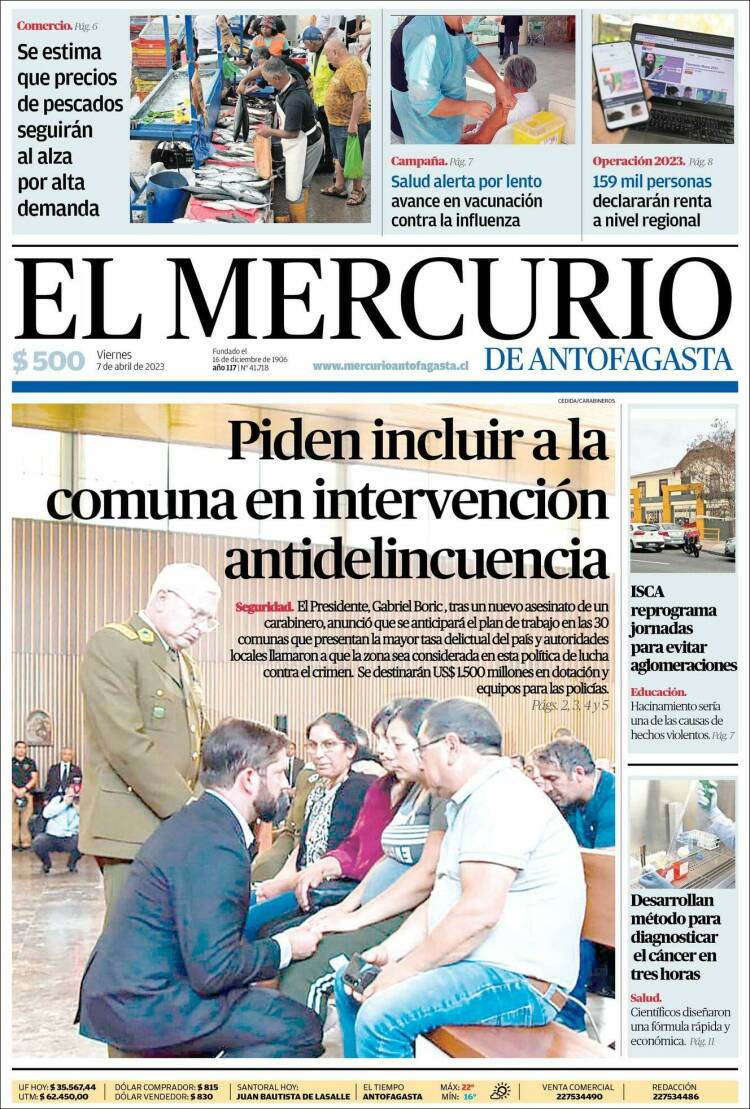 Portada de El Mercurio de Antofagasta (Chile)