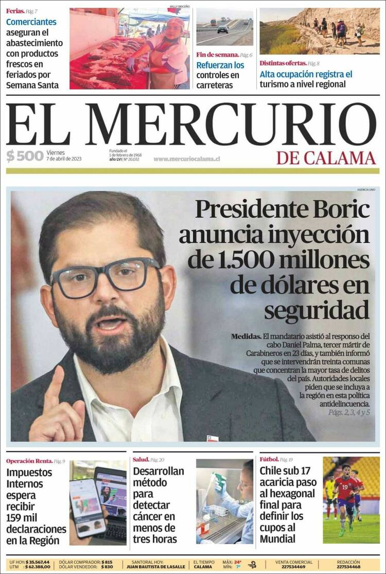 Portada de El Mercurio - Calama (Chile)