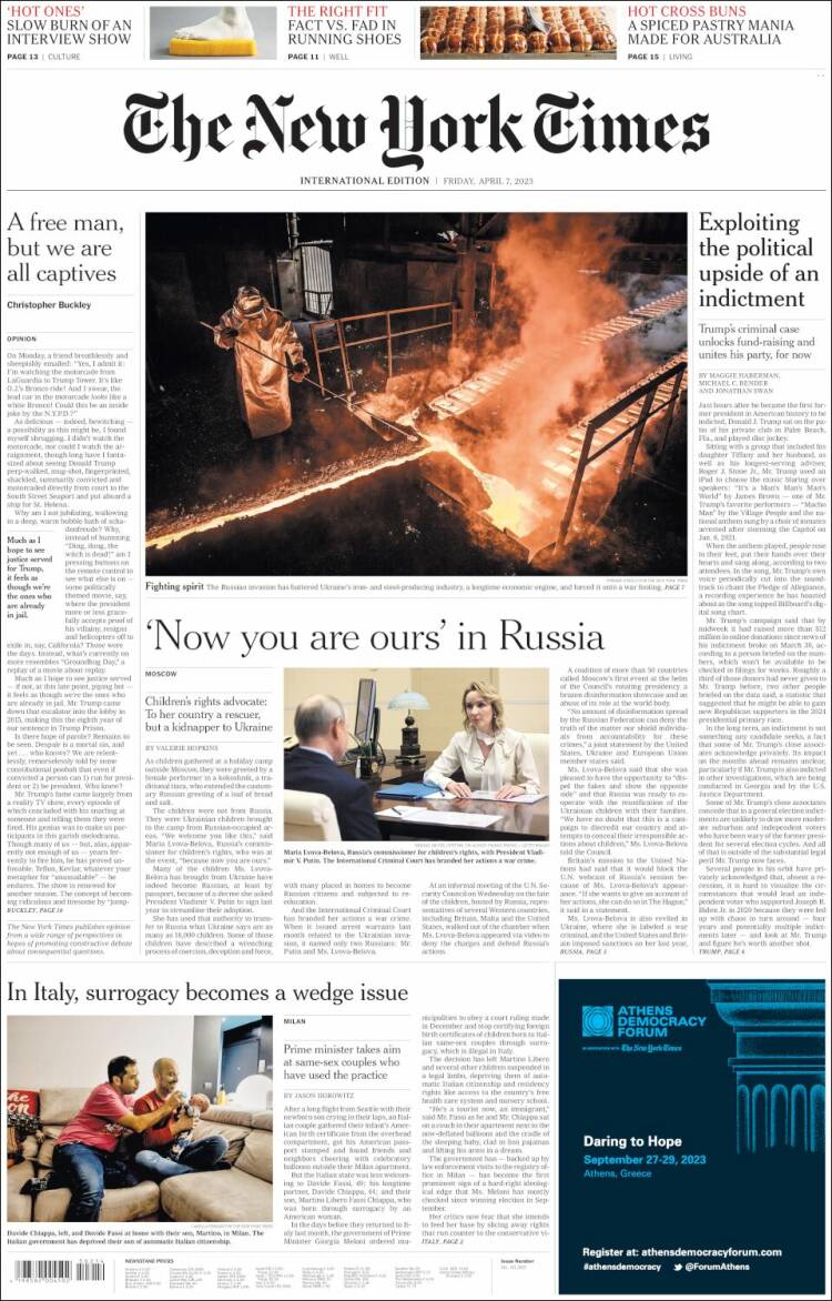 Portada de International New York Times (Europa)