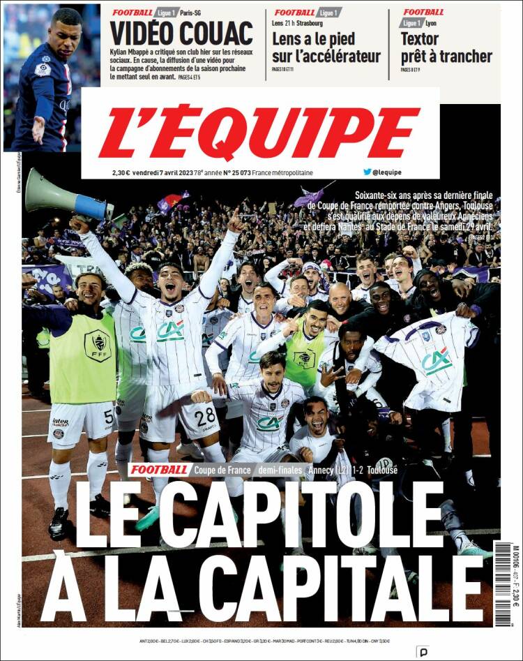 Portada de L'Equipe (Francia)