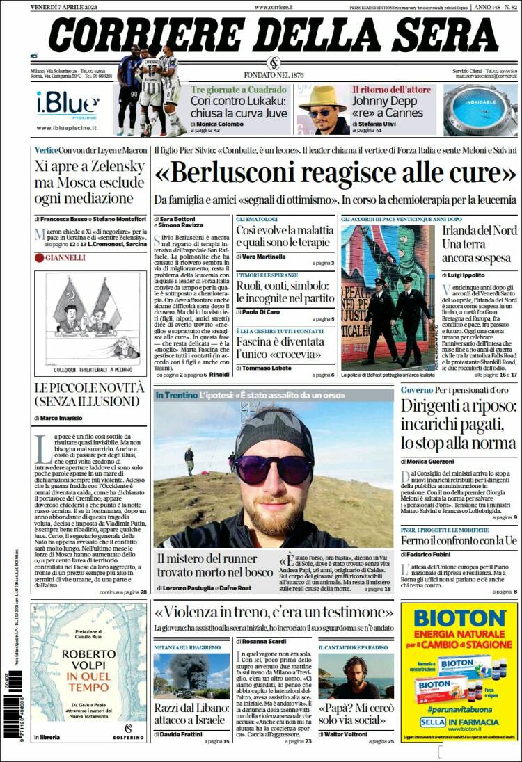 Portada de Corriere della Sera (Italia)