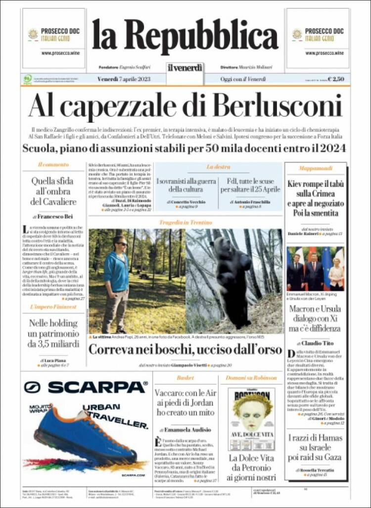Portada de La Repubblica (Italia)