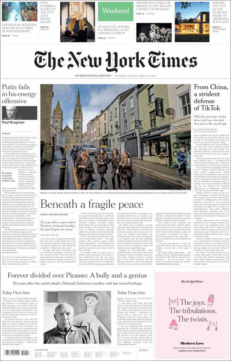 Portada de International New York Times (Europa)