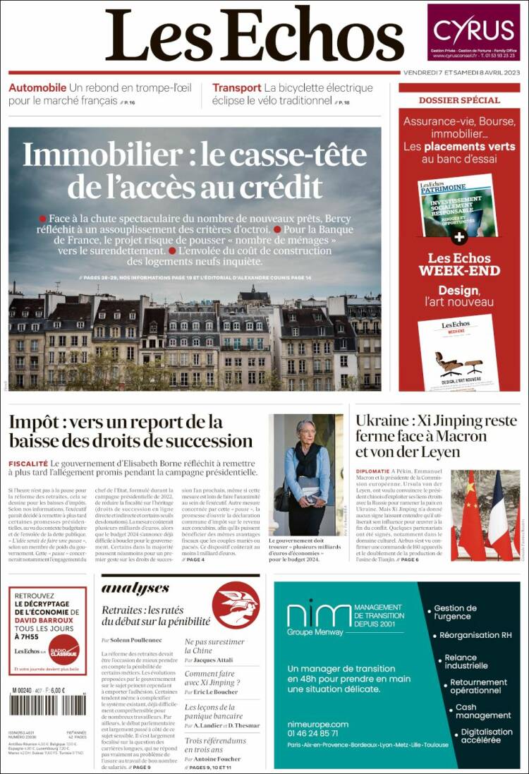 Portada de Les Echos (Francia)