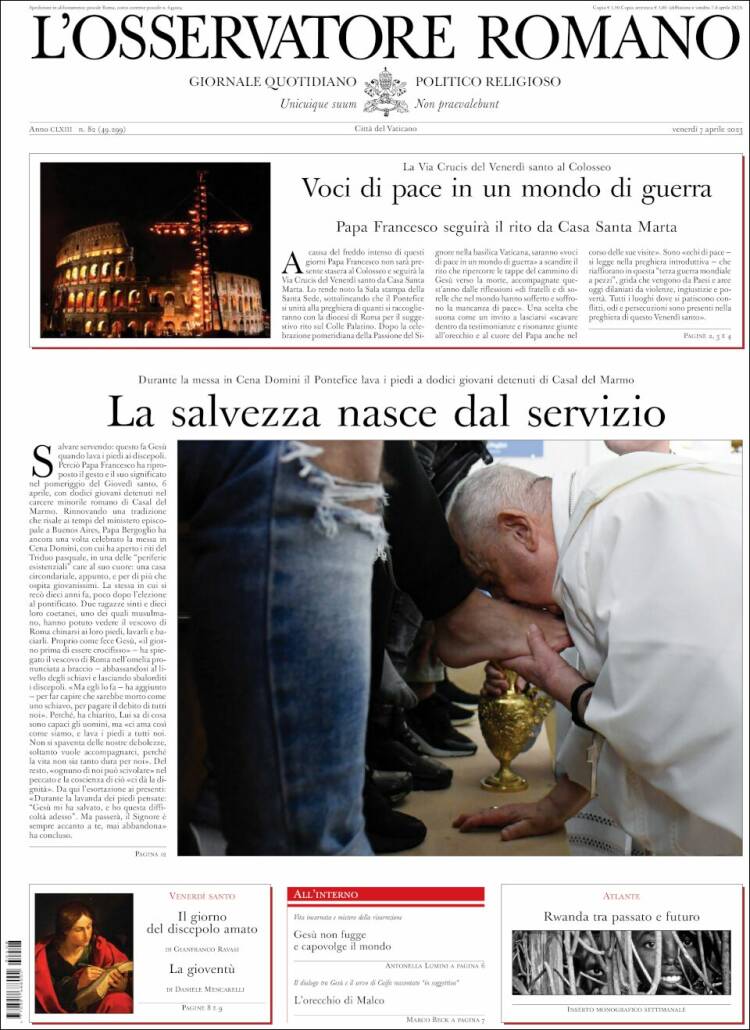 Portada de L'Osservatore Romano (Italia)