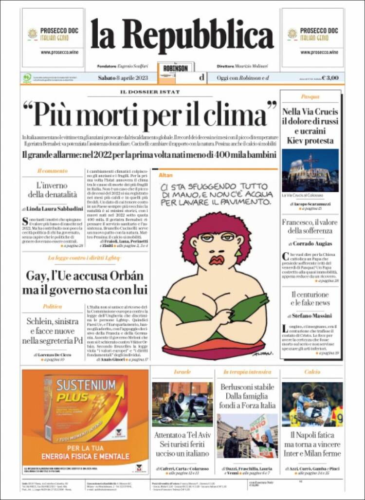 Portada de La Repubblica (Italia)