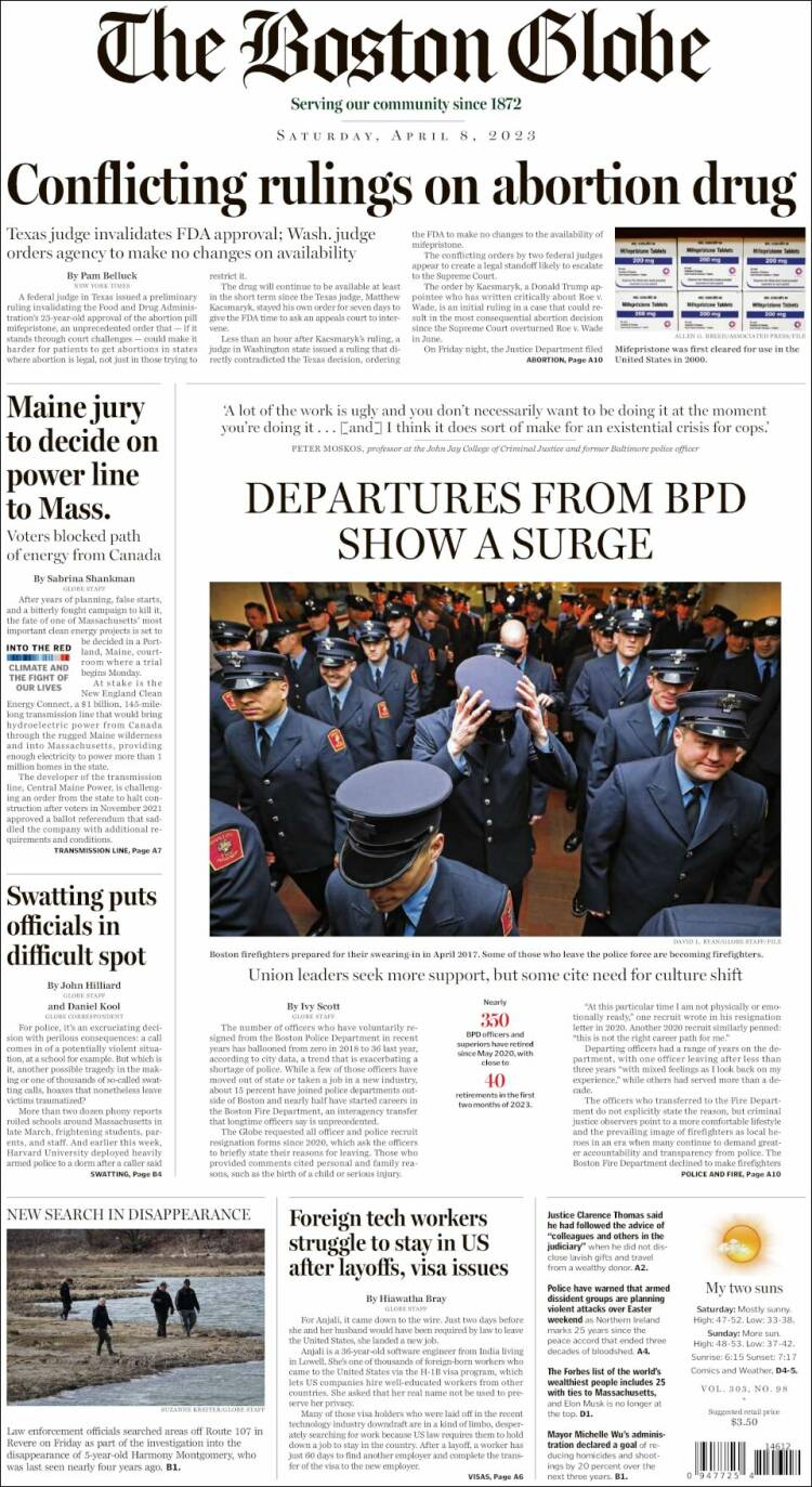 Portada de Boston Globe (USA)