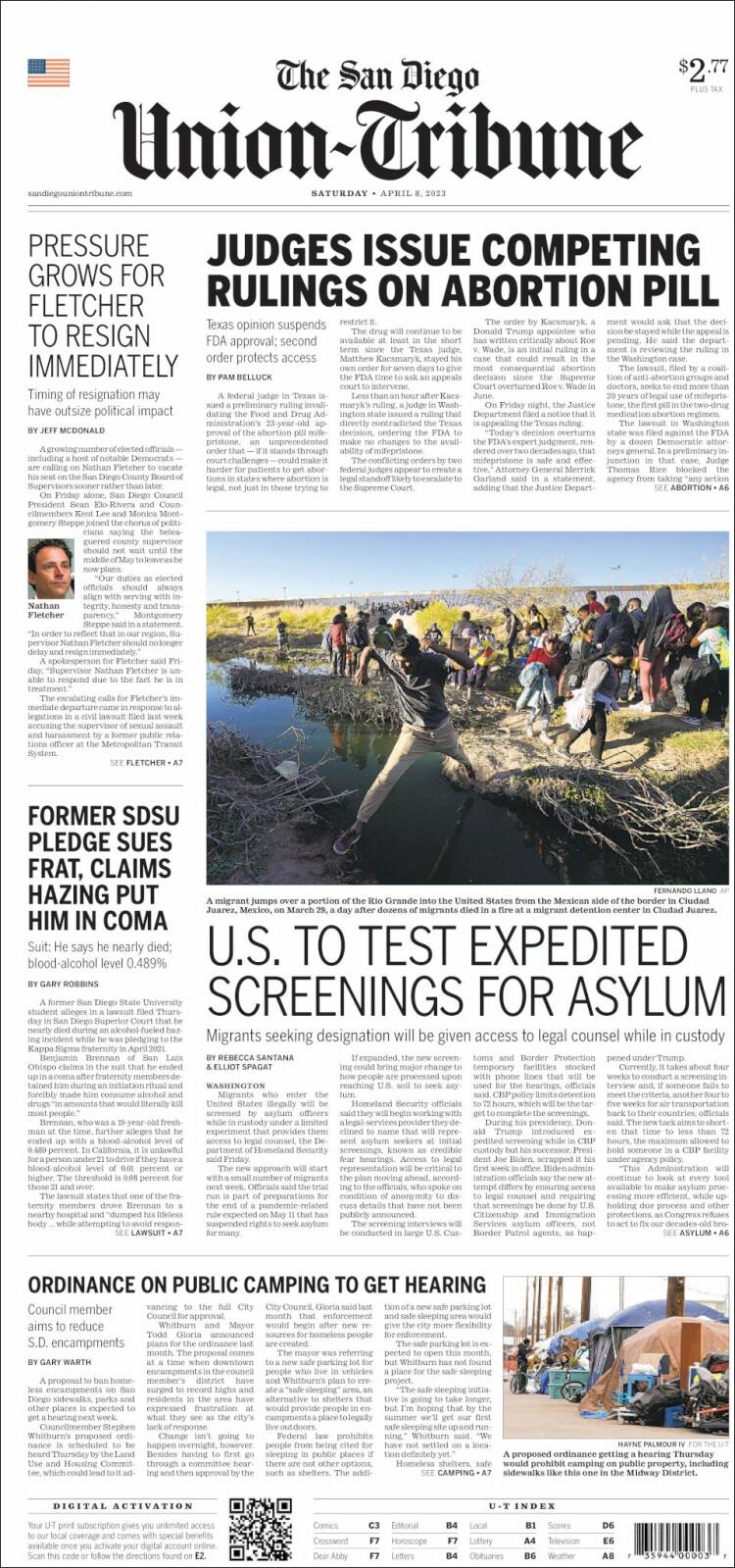 Portada de The San Diego Union-Tribune (USA)